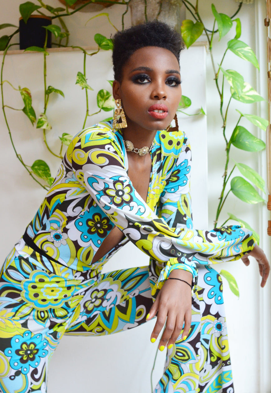 Night moves -Green and yellow psychedelic swirl print high waisted slinky flares