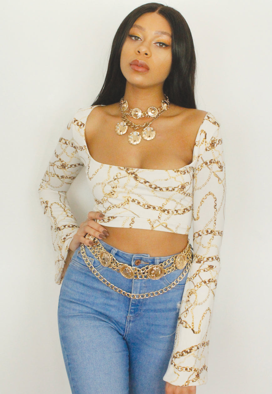 Columbia - White Chain Print Square Neck Crop Top With Bell Sleeve