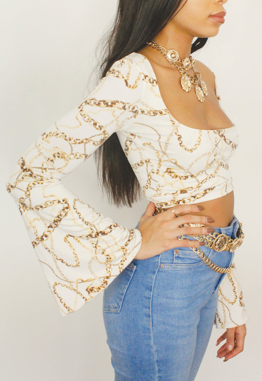 Columbia - White Chain Print Square Neck Crop Top With Bell Sleeve