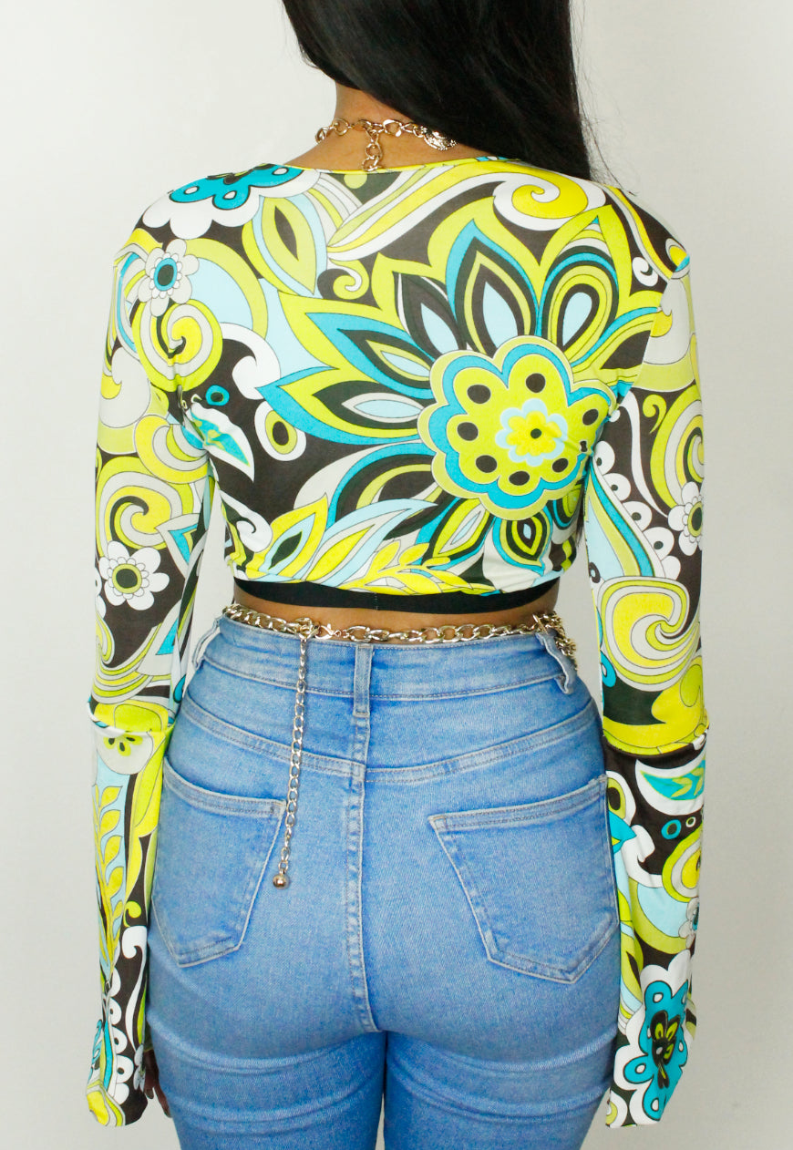 Don't Trip - Psychedelic Print Bell Sleeved Plunge Front Crop Top
