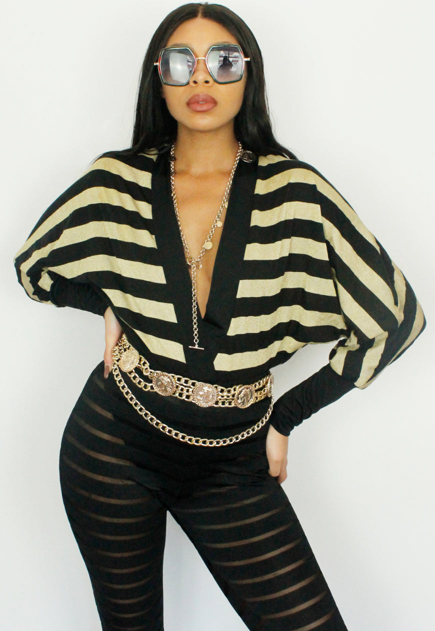 Rio - Gold and Black striped Batwing Bodysuit