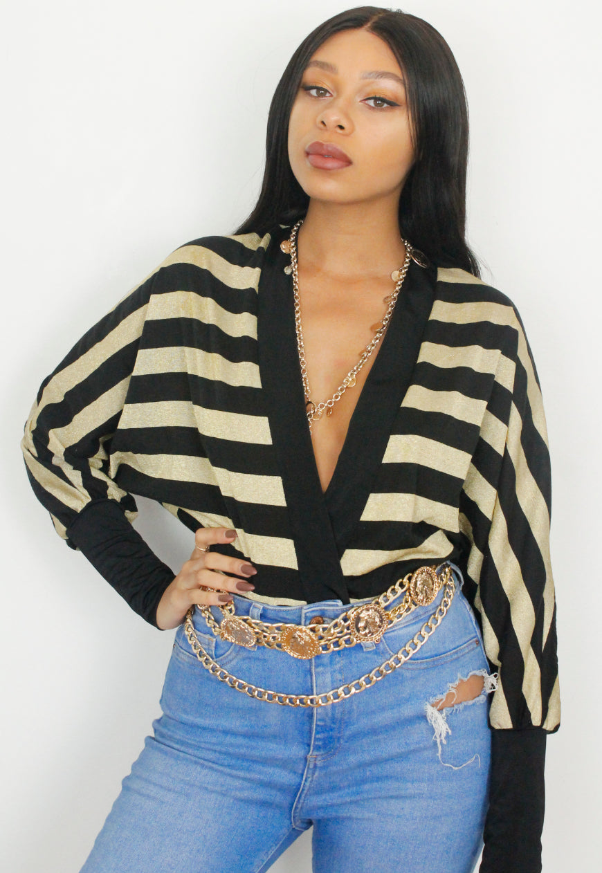 Rio - Gold and Black striped Batwing Bodysuit