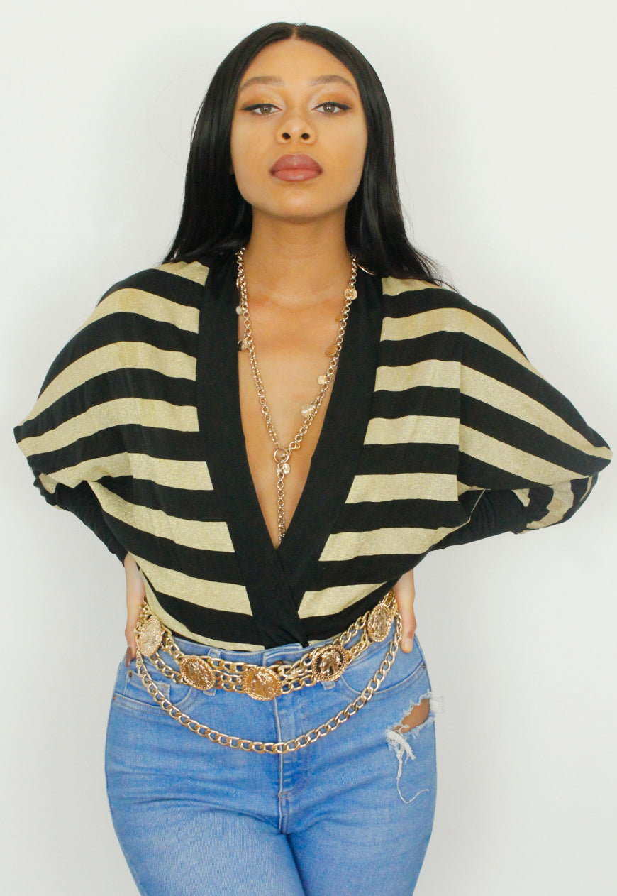 Rio - Gold and Black striped Batwing Bodysuit