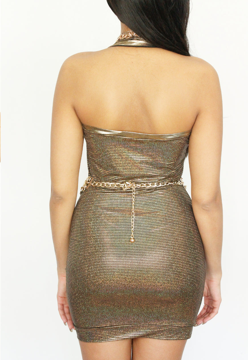 Gold Rush - Gold plunge Halterneck metallic minidress