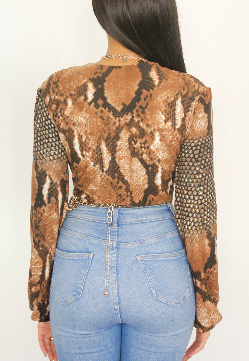 Havana - Brown snake print plunge front long sleeved brushed cotton bodysuit