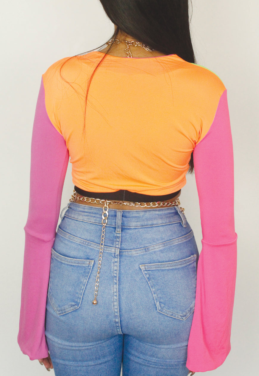 Ibiza - Neon colour block green, pink and orange bell sleeve knot front crop top