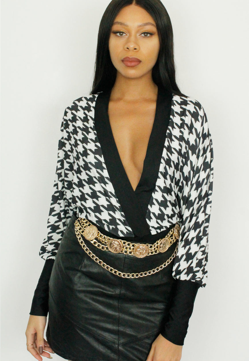 I Should Coco - Houndstooth print plunge front batwing Bodysuit