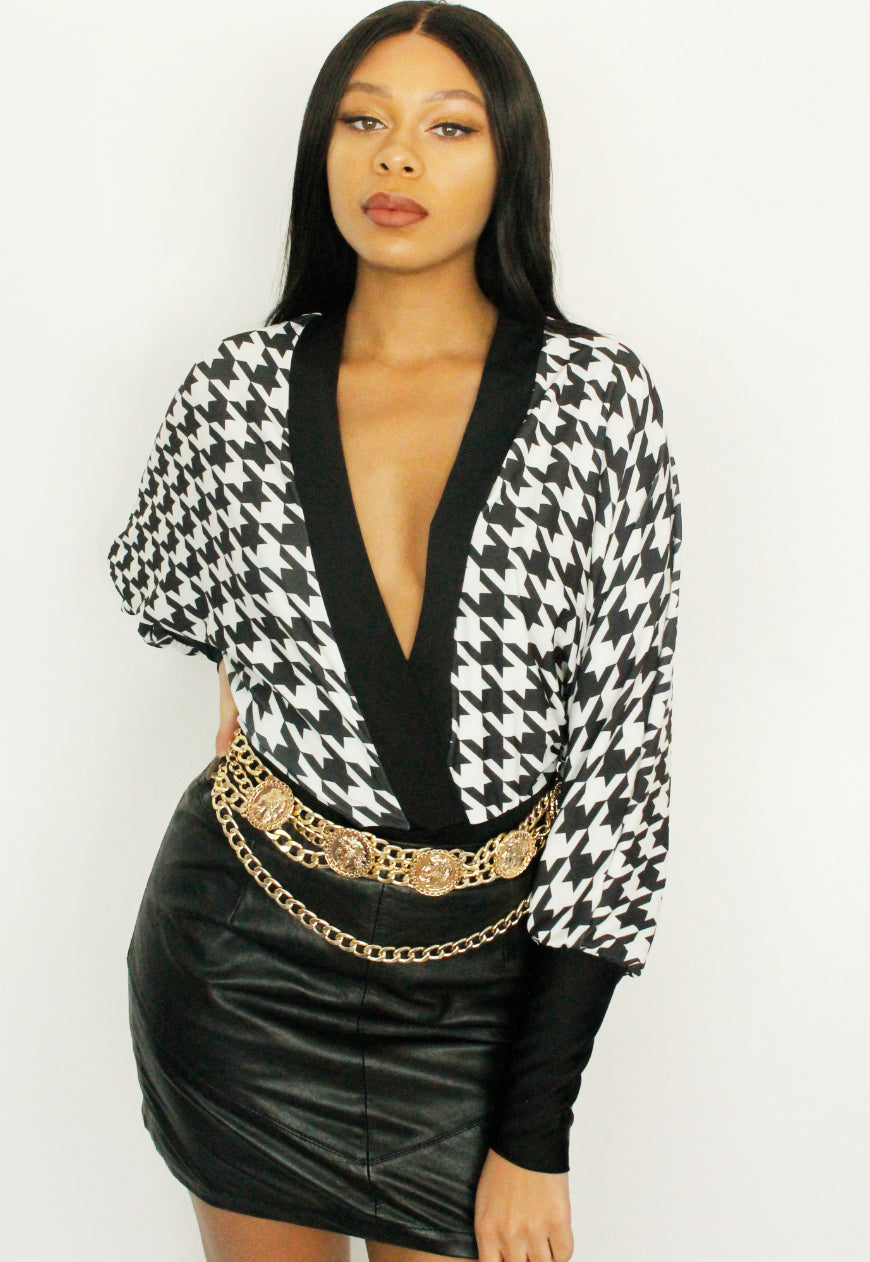 I Should Coco - Houndstooth print plunge front batwing Bodysuit