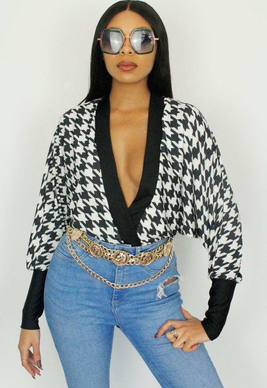 I Should Coco - Houndstooth print plunge front batwing Bodysuit