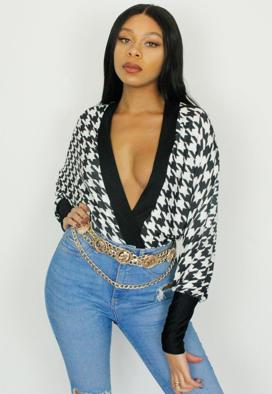 I Should Coco - Houndstooth print plunge front batwing Bodysuit