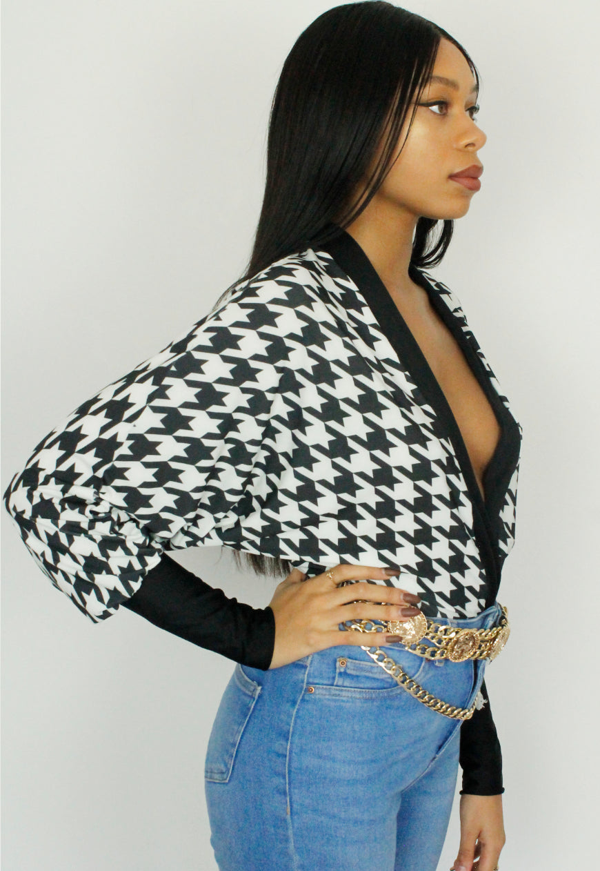 I Should Coco - Houndstooth print plunge front batwing Bodysuit