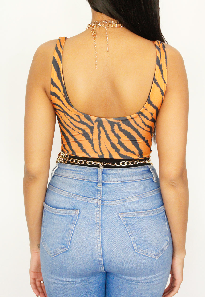 Le Tigre bodysuit in tiger print with black bottom and square neck