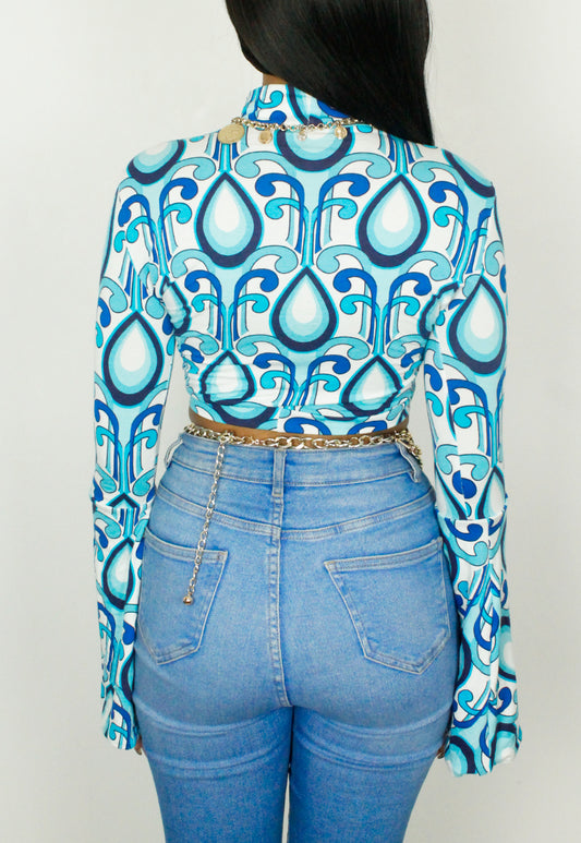 Making Waves blue psychadelic swirl print crop top with bell sleeve