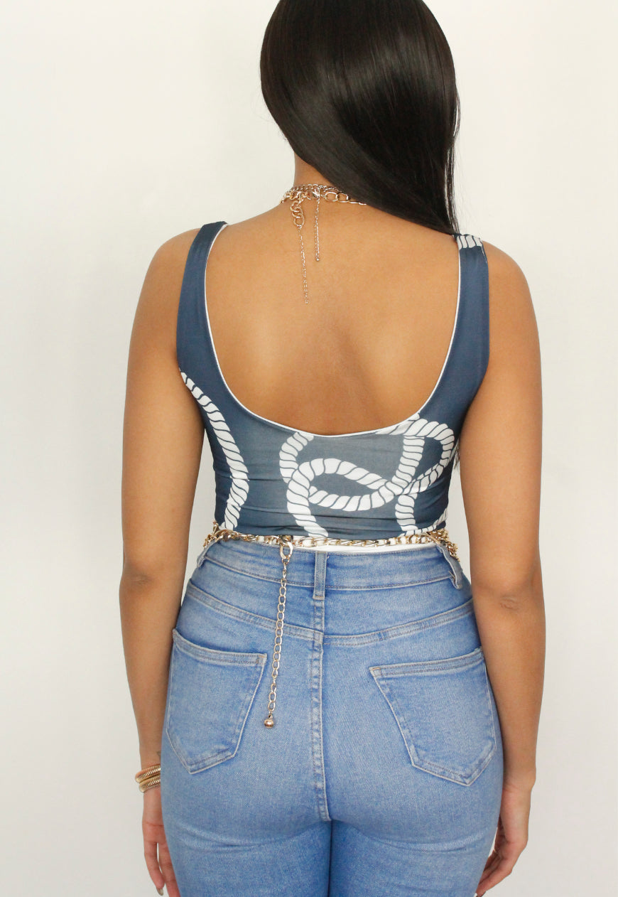 Marseilles Navy and White rope print square neck stretch bodysuit with white bottom