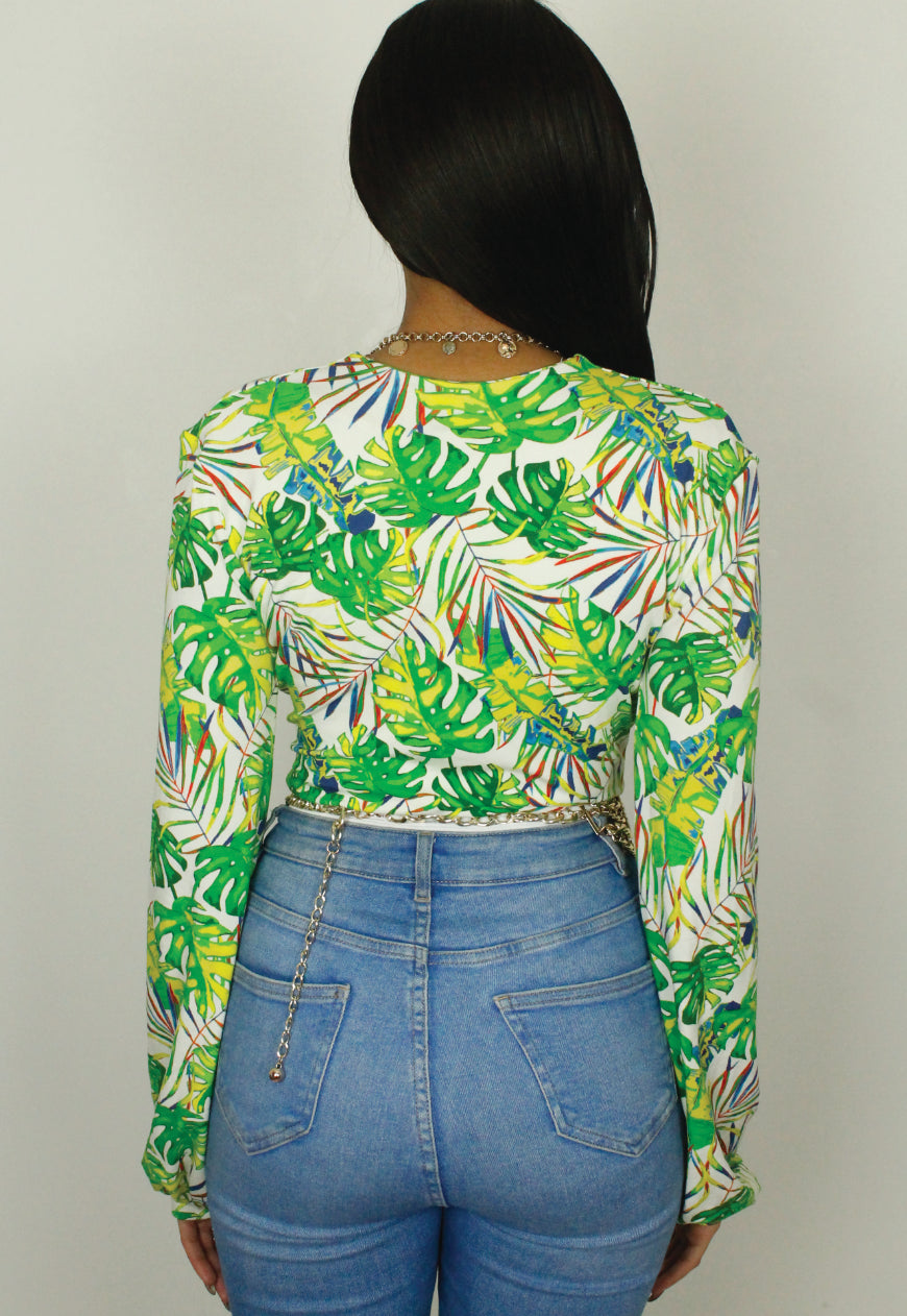 Miami - Tropical Print Long Sleeve Plunge Front Bodysuit