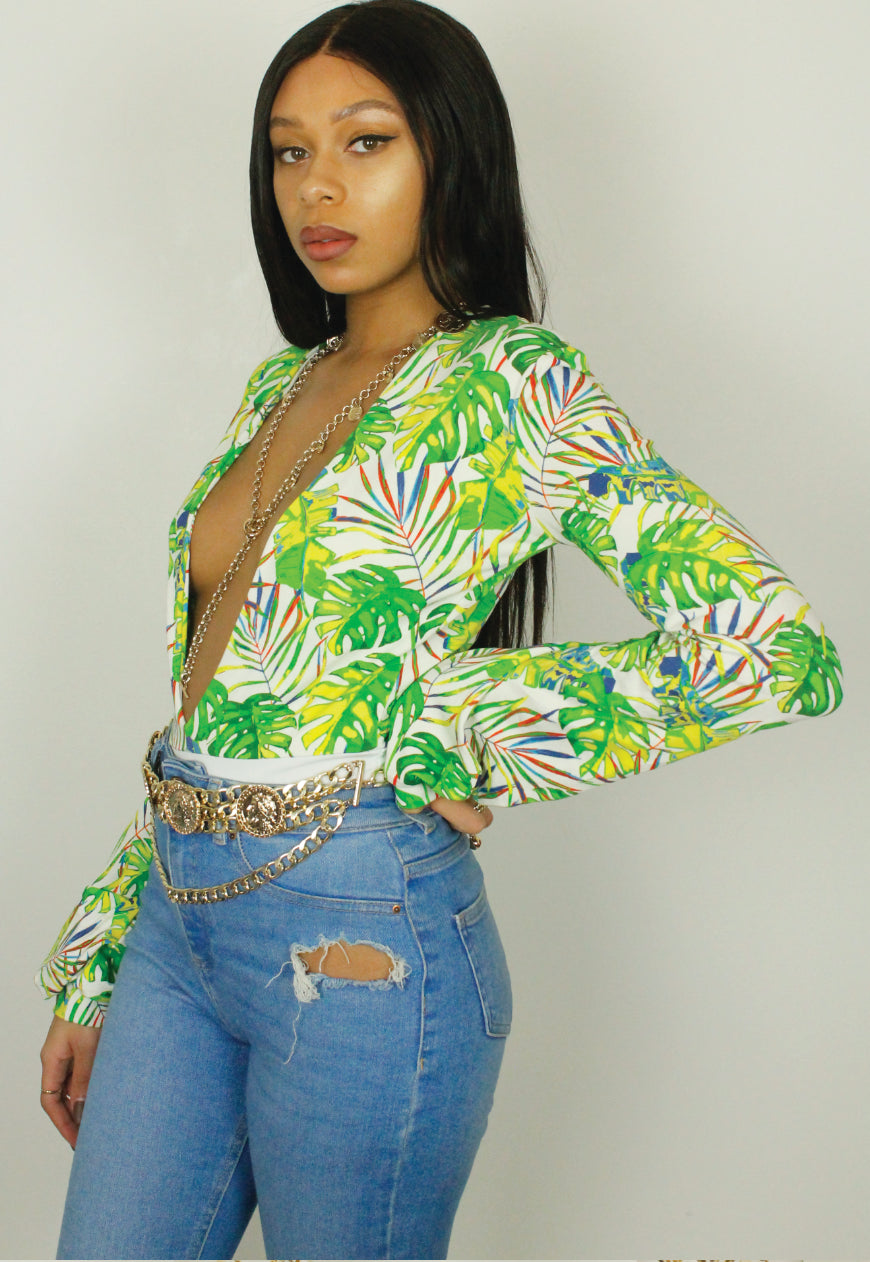 Miami - Tropical Print Long Sleeve Plunge Front Bodysuit