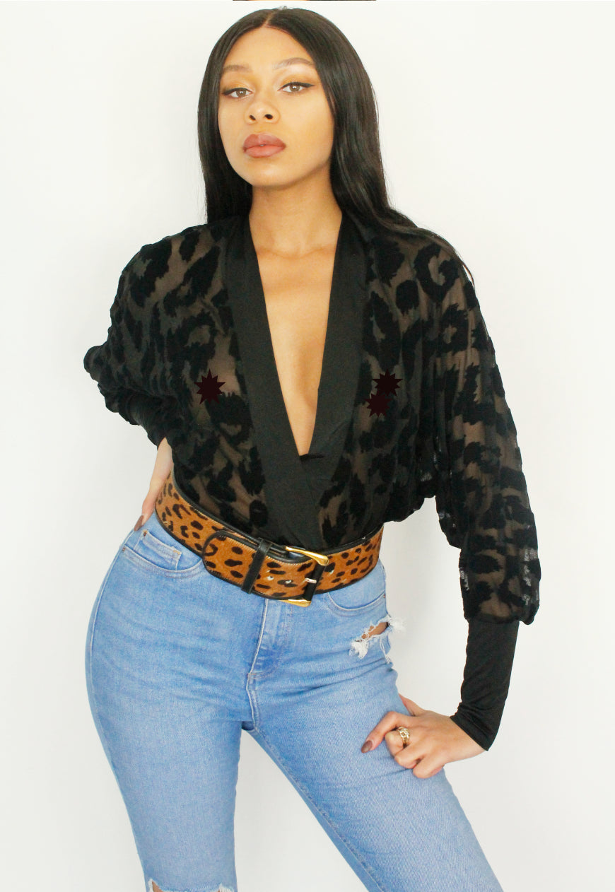 Phoenix - Leopard velvet flock Mesh Batwing Bodysuit
