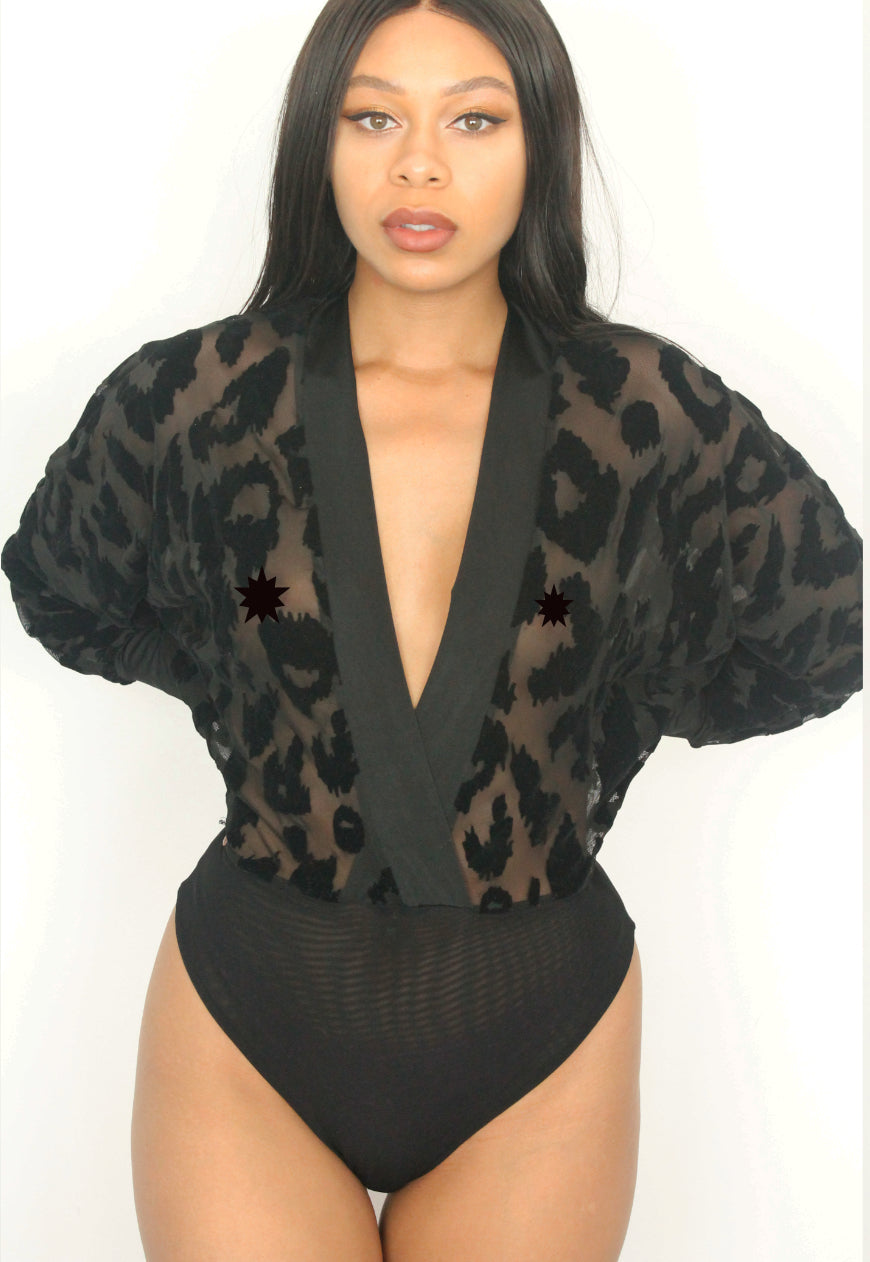Phoenix - Leopard velvet flock Mesh Batwing Bodysuit