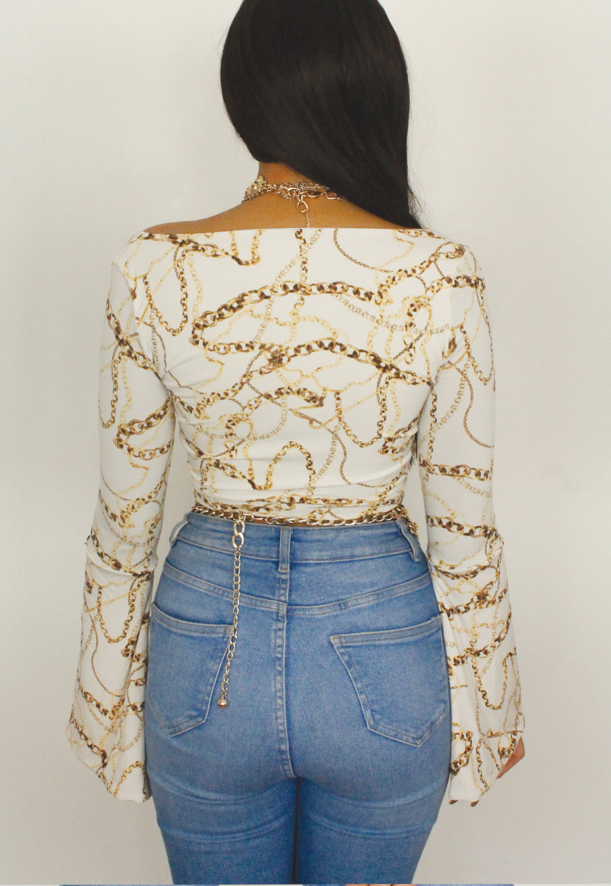 Columbia - White Chain Print Square Neck Crop Top With Bell Sleeve