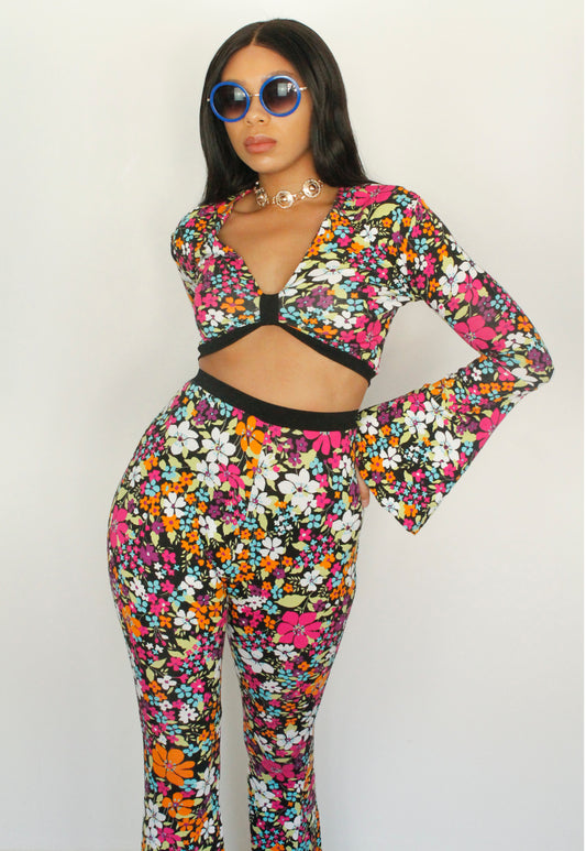In Bloom - Ditzy Floral Print high waisted Flares