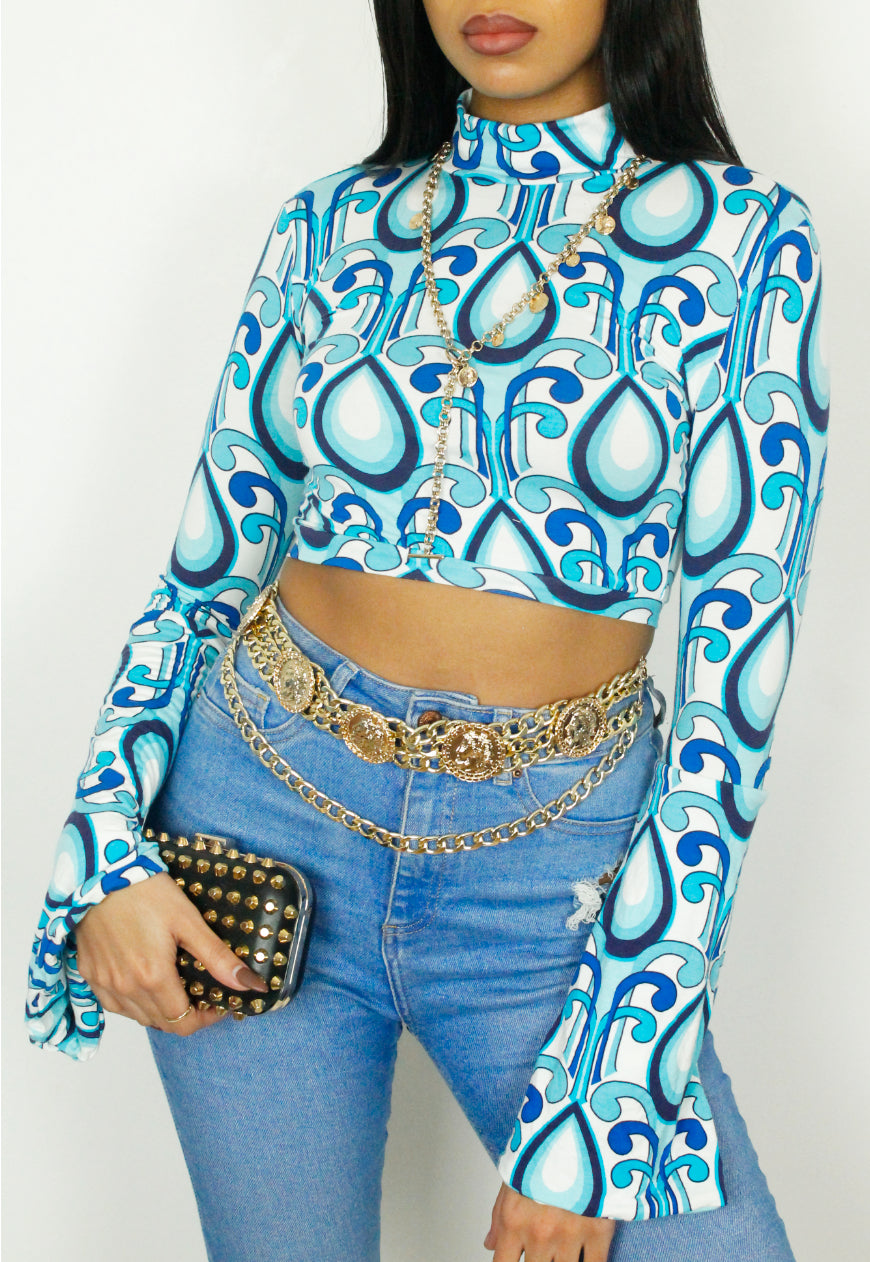 Making Waves blue psychadelic swirl print crop top with bell sleeve