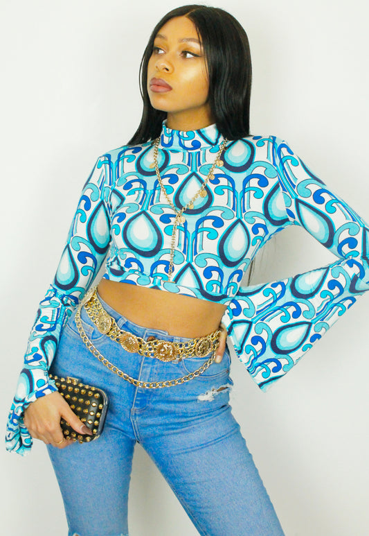 Making Waves blue psychadelic swirl print crop top with bell sleeve