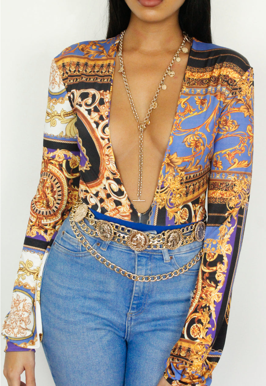 Milan - Liberace Baroque Print Long Sleeve Plunge Front Bodysuit