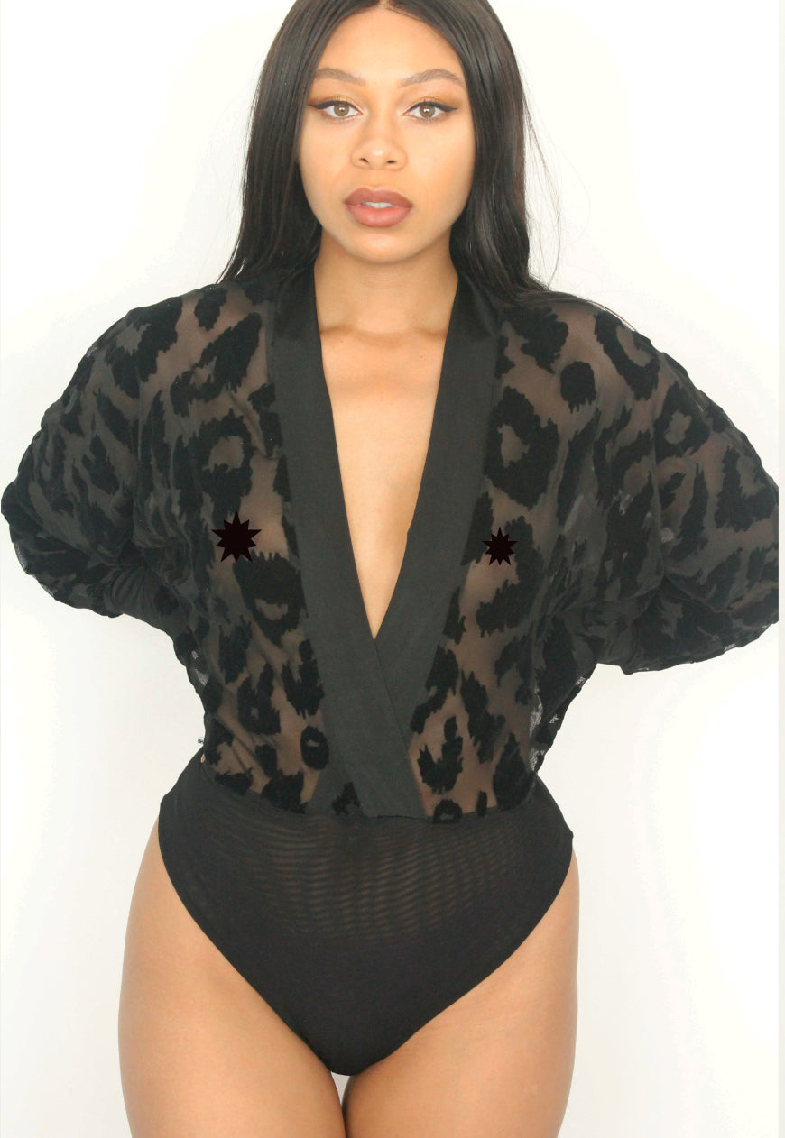 Phoenix -  Leopard velvet flock Mesh Batwing Bodysuit